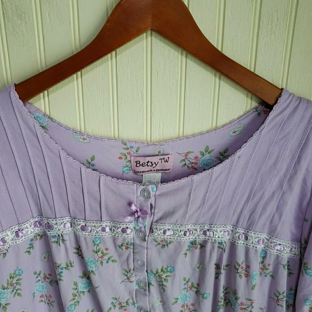 Betsy TW Sleepshirt Womens 3X Purple Floral Short Sleeve Button Chemise